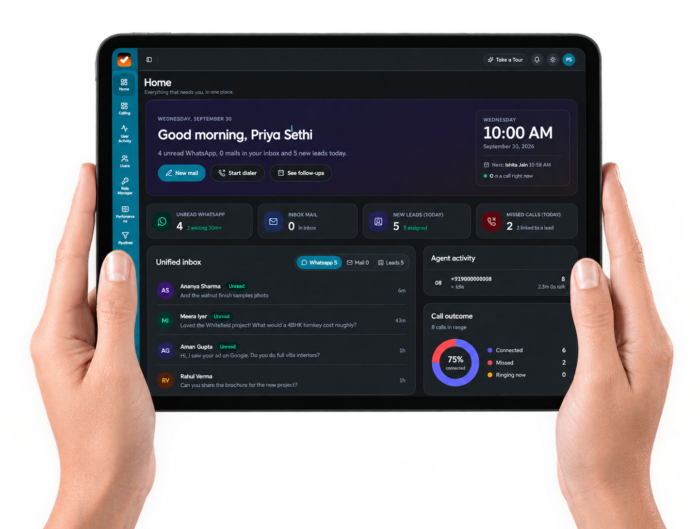 Hands holding a tablet showing the BwTask home dashboard with unified inbox, agent activity and call outcomes